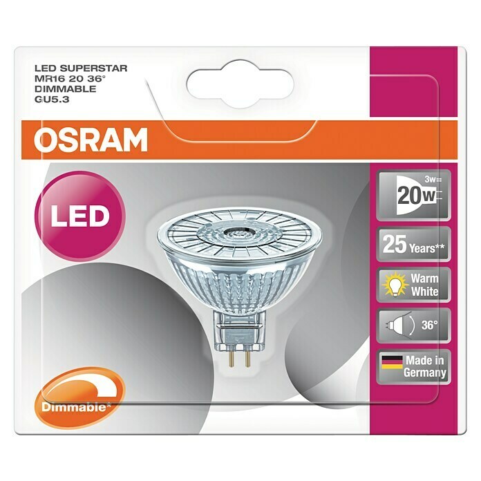 Osram LED-Reflektorlampe Superstar MR16 (3 W, Abstrahlwinkel: 36°, Warmweiß, Dimmbar)