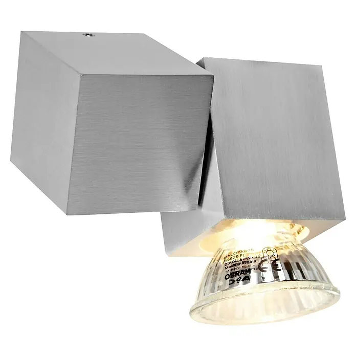 Voltolux Alu-Design Aplique de pared Scafati - 50 W, Plata - Primer plano de una moderna lámpara de pared LED giratoria de acero cepillado con una bombilla halógena que emite una luz cálida.