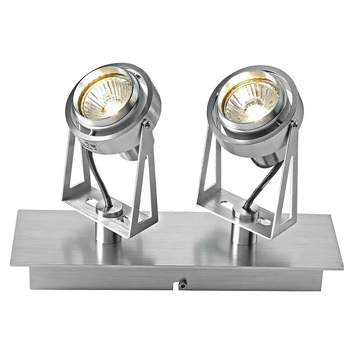 Voltolux Tech Foco para pared y techo - L x An x Al: 27 x 8 x 17,5 cm, GU10, 100 W - Dos focos plateados montados sobre una base, emitiendo luz brillante y enfocada, proporcionando una solución de iluminación moderna.
