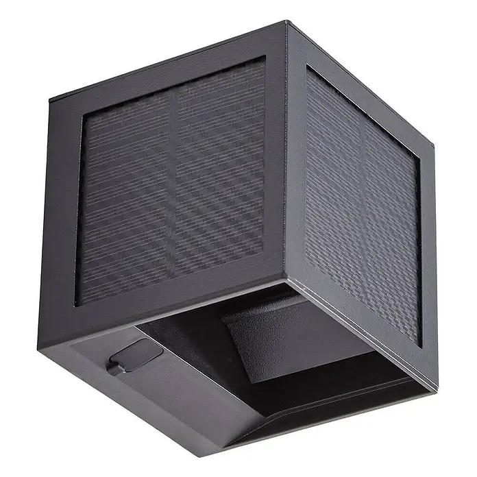 PRIOS LED Solar Wandleuchte aussen in schwarz, mit Bewegungsmelder, -  - Dunkelgraue quadratische Solar-Außenleuchte mit integrierten Solarpanels und Bodenschalter.
