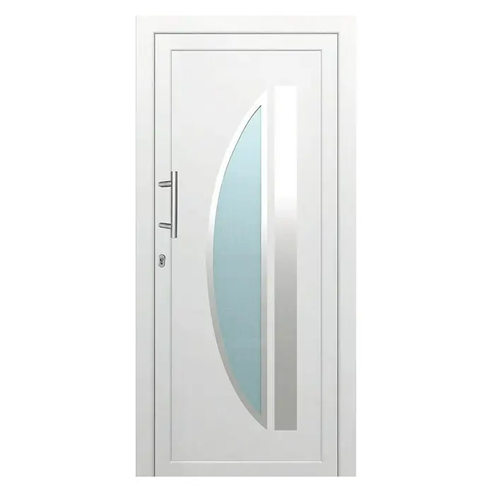 Solid Elements Haustür K-403 - 110 x 210 cm, DIN Anschlag: Links, Weiß - Eine elegante weiße Haustür mit einem modernen Design und einem ovalen Glaseinsatz, der blau getönt ist.
