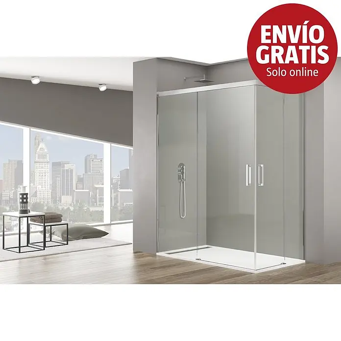 GME Mampara de ducha esquinera Basic Angular - L x An x Al: 75 x 100 x 195 cm, Vidrio transparente, Plata brillo - Mampara de ducha de cristal moderna con plato blanco y puertas correderas en un baño espacioso con vistas a la ciudad.