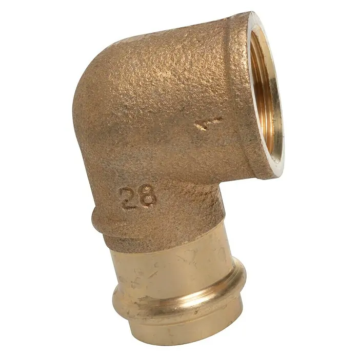 Press-Übergangswinkel - Durchmesser: 28 mm, Innengewinde: 1″, Presskontur: V - Messing-Winkelstück mit Gewinde und Pressanschluss für Rohrverbindungen, ideal für Sanitär- und Heizungsinstallationen.
