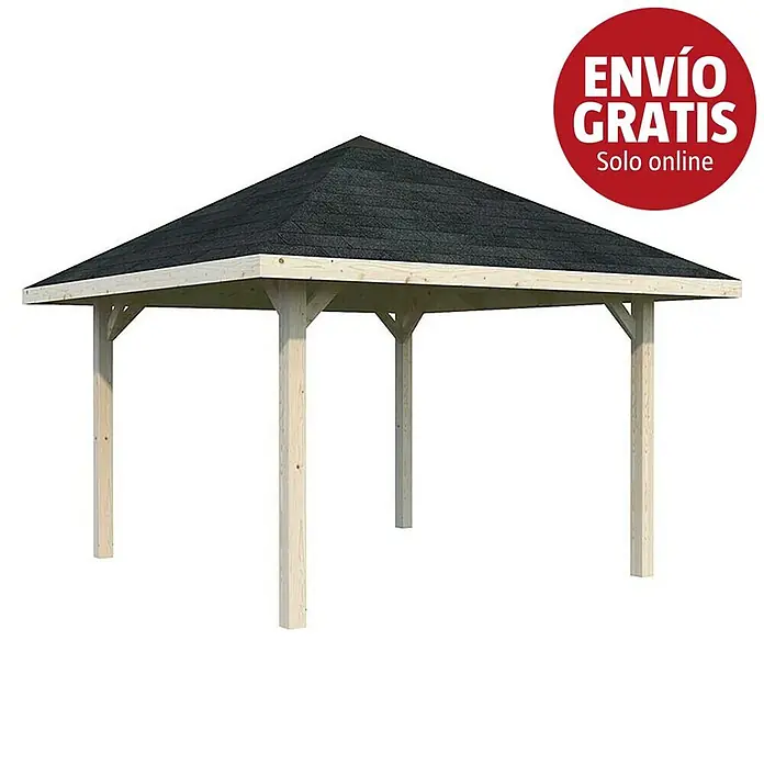 Palmako Pérgola estándar Bianca S - L x An: 384 x 384 cm, Madera, Natural - Cenador de madera con techo de tejas oscuras y postes de madera clara.