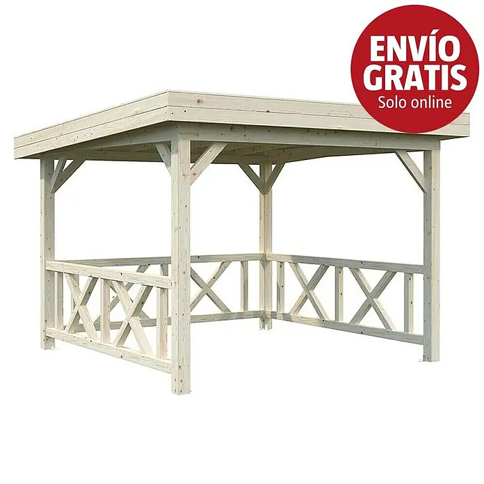 Palmako Pérgola estándar Lenna Set 301 - L x An: 340 x 340 cm, Madera, Natural - Pérgola de madera clara con techo plano y barandillas decorativas con patrón en X.