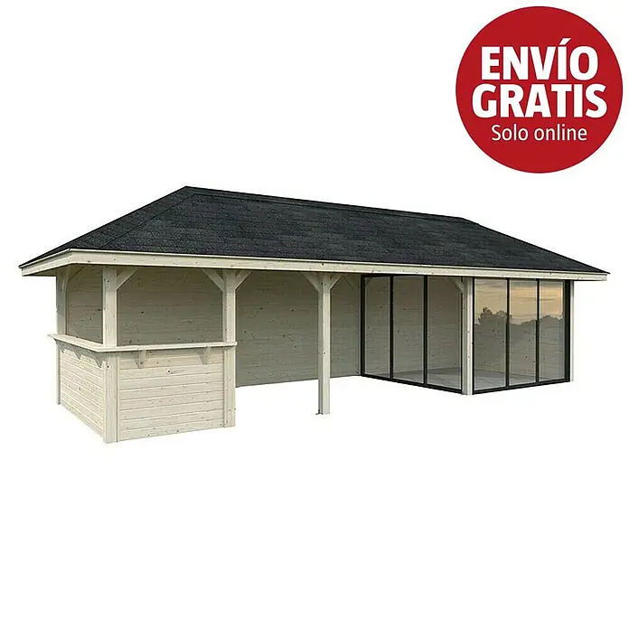 Palmako Caseta de jardín Bianca Set 515 Slide Plus - Medidas ext. (An x Pr): 960 x 384 cm, Madera, Natural - Cenador de jardín de madera clara con techo negro, barra abierta y cerramiento de cristal.
