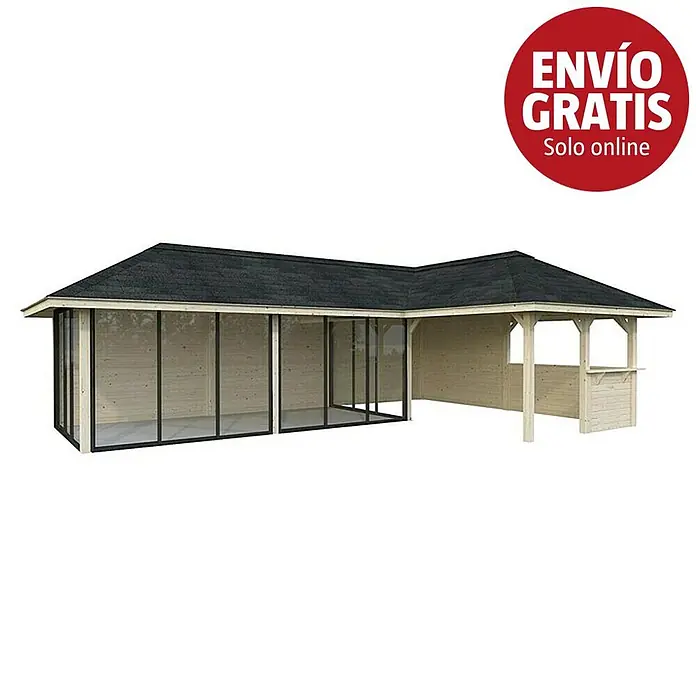 Palmako Caseta de jardín Bianca Set 521 Slide Plus - Medidas ext. (An x Pr): 960 x 672 cm, Madera, Natural - Cenador de madera en L con paredes de cristal y zona de quiosco abierta con barra, techo oscuro.