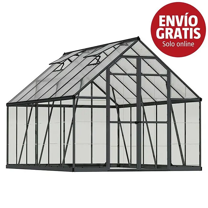 Palram – Canopia Invernadero Balance - Medidas ext. (An x Pr): 244 x 367 cm, 0,7 mm, Gris - Invernadero de estructura metálica gris oscuro con paneles transparentes y ventanas en el techo para ventilación.