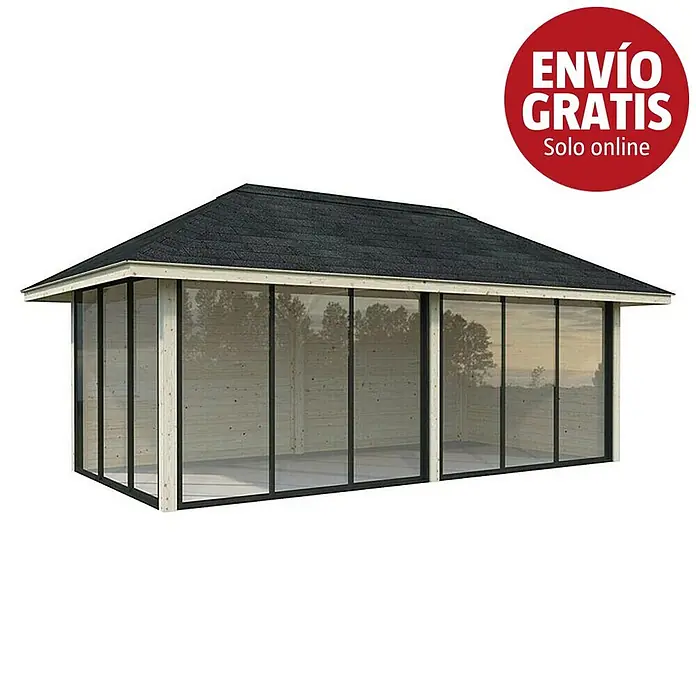 Palmako Caseta de jardín Bianca Set 202 Slide - Medidas ext. (An x Pr): 672 x 384 cm, Madera, Natural - Cenador de madera con paredes de cristal y techo oscuro.