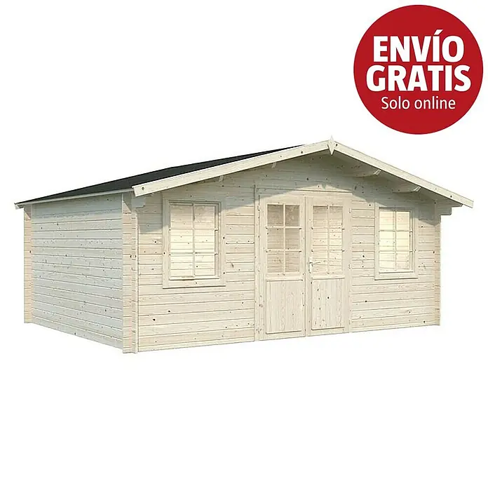 Palmako Caseta de jardín Klara - Medidas ext. (An x Pr): 518 x 424 cm, Madera, Natural - Caseta de jardín de madera clara con doble puerta, dos ventanas y techo negro.
