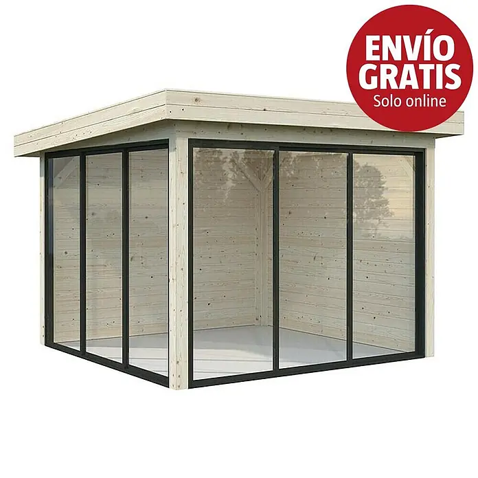 Palmako Caseta de jardín Lenna Set 701 Slide Plus - Medidas ext. (An x Pr): 340 x 340 cm, Madera, Natural - Cenador de jardín de madera clara con techo plano y puertas correderas de cristal de marco negro.