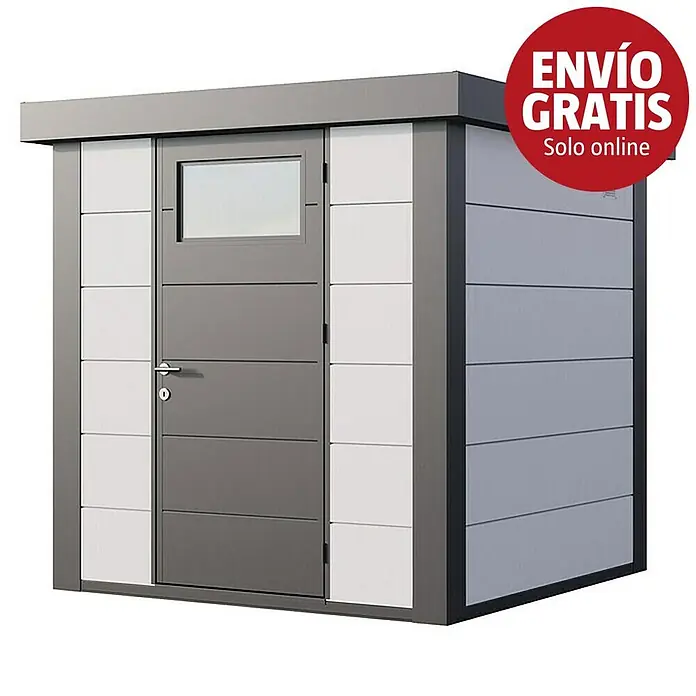 Telluria Caseta para jardín Classico 2121 - Medidas ext. (An x Pr): 228 x 228 cm, Blanco/Antracita, Acero, Sin set - Cobertizo de jardín moderno gris y blanco con puerta y ventana pequeña.
