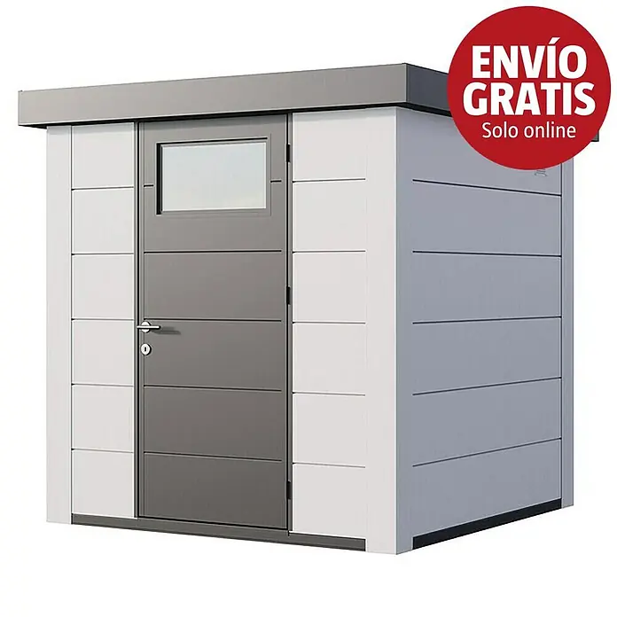 Telluria Caseta para jardín Classico 2121 - Medidas ext. (An x Pr): 228 x 228 cm, Blanco, Acero, Sin set - Caseta de almacenamiento moderna gris y blanca con puerta y ventana.