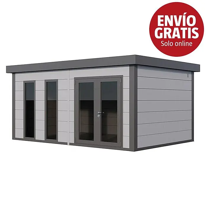 Telluria Caseta de jardín Luminato 5436+ - Medidas ext. (An x Pr): 568 x 388 cm, Gris claro/Antracita, Acero, Sin set - Caseta de jardín moderna gris y blanca con techo plano, puertas dobles de cristal y dos ventanas verticales.