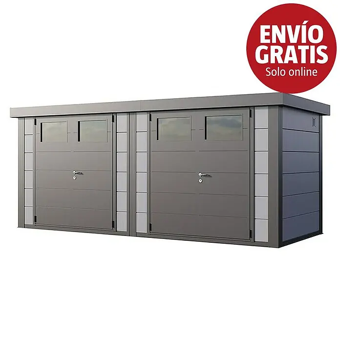 Telluria Caseta para jardín Duo 2721 - Medidas ext. (An x Pr): 542 x 228 cm, Gris claro/Antracita, Acero, Sin set - Caseta de almacenamiento moderna gris de dos puertas con techo plano y ventanas integradas, para jardín o exterior.