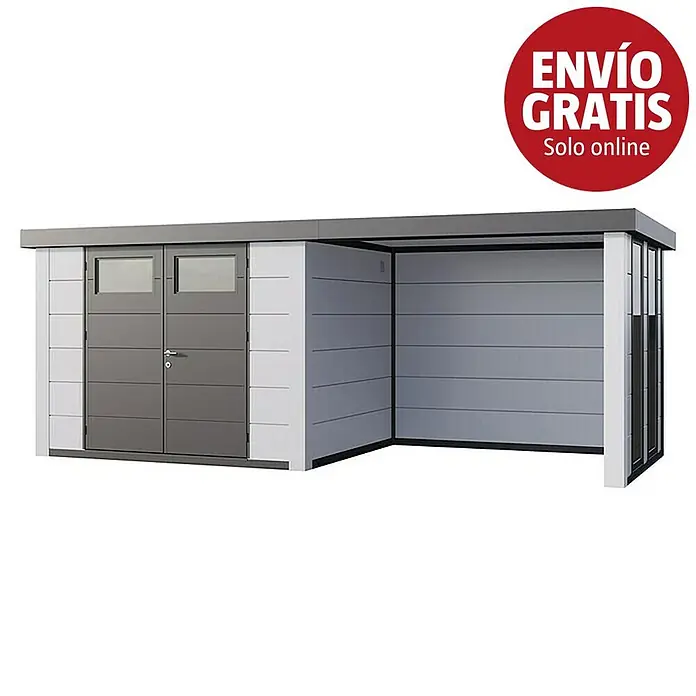 Telluria Caseta para jardín Classico 3024 con salón a la derecha y 2 ventanas - Medidas ext. (An x Pr): 602 x 258 cm, Acero, Blanco, Sin set - Caseta de jardín moderna gris y blanca con puertas dobles y cochera abierta adjunta.