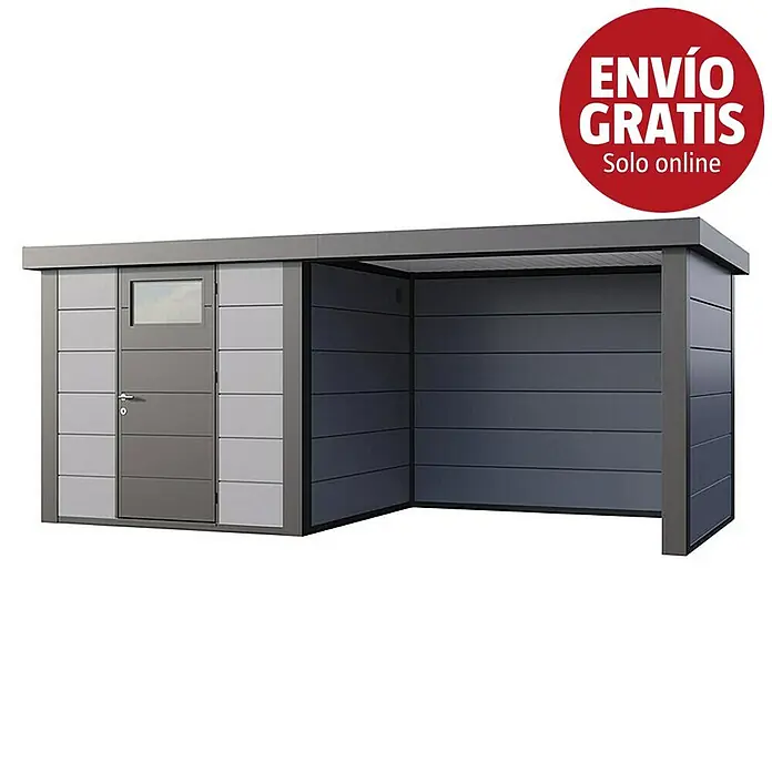 Telluria Caseta para jardín Classico 2424 con salón a la derecha - Medidas ext. (An x Pr): 542 x 258 cm, Acero, Gris claro/Antracita, Sin set - Caseta moderna de metal gris y gris claro con garaje/área de almacenamiento abierto integrado. La caseta tiene una puerta con ventana.