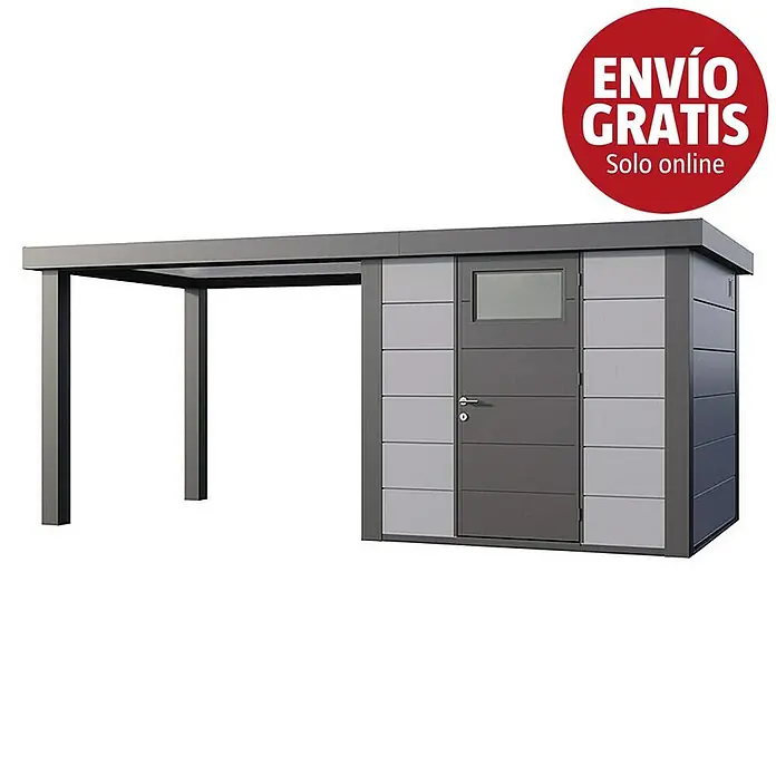 Telluria Caseta para jardín Classico 2424 con salón abierto a la izquierda - Medidas ext. (An x Pr): 542 x 258 cm, Acero, Gris claro/Antracita, Sin set - Cochera moderna de metal gris con cobertizo de almacenamiento integrado.