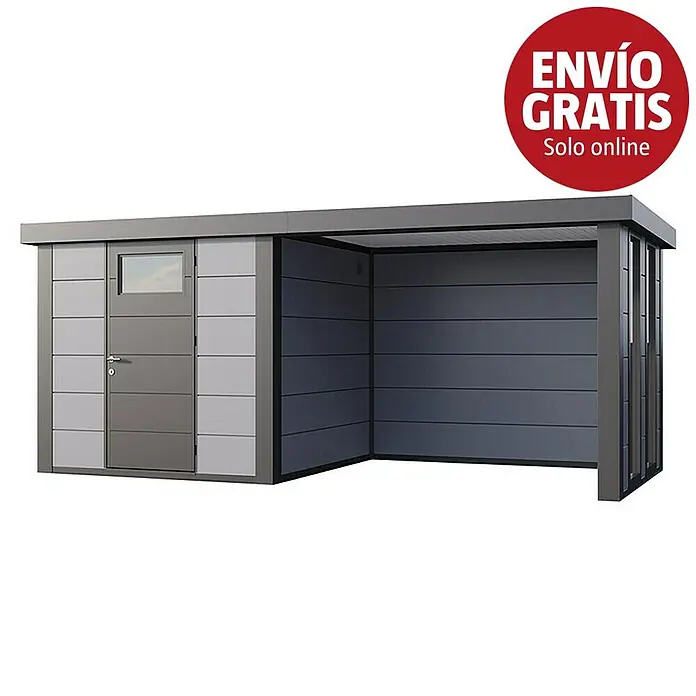 Telluria Caseta para jardín Classico 2424 con salón a la derecha y 2 ventanas - Medidas ext. (An x Pr): 542 x 258 cm, Acero, Gris claro/Antracita, Sin set - Cobertizo metálico gris moderno con garaje integrado. Dispone de porta, ventana y refugio abierto.