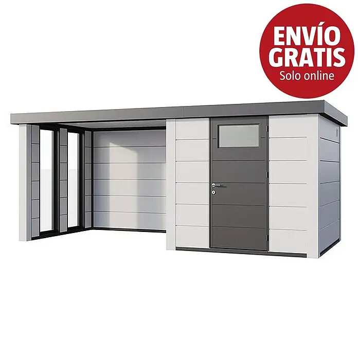 Telluria Caseta para jardín Classico 2424 con salón a la izquierda y 2 ventanas - Medidas ext. (An x Pr): 542 x 258 cm, Acero, Blanco, Sin set - Cochera moderna gris y blanca de metal con cobertizo integrado y techo plano.