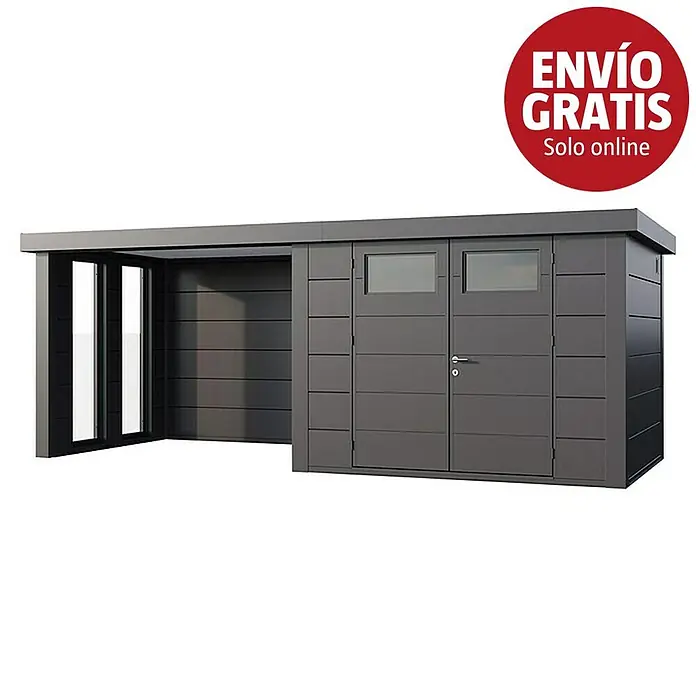 Telluria Caseta para jardín Classico 3024 con salón a la izquierda y 2 ventanas - Medidas ext. (An x Pr): 602 x 258 cm, Acero, Antracita, Sin set - Caseta de jardín gris oscuro con doble puerta, ventanas y un carport abierto adjunto.