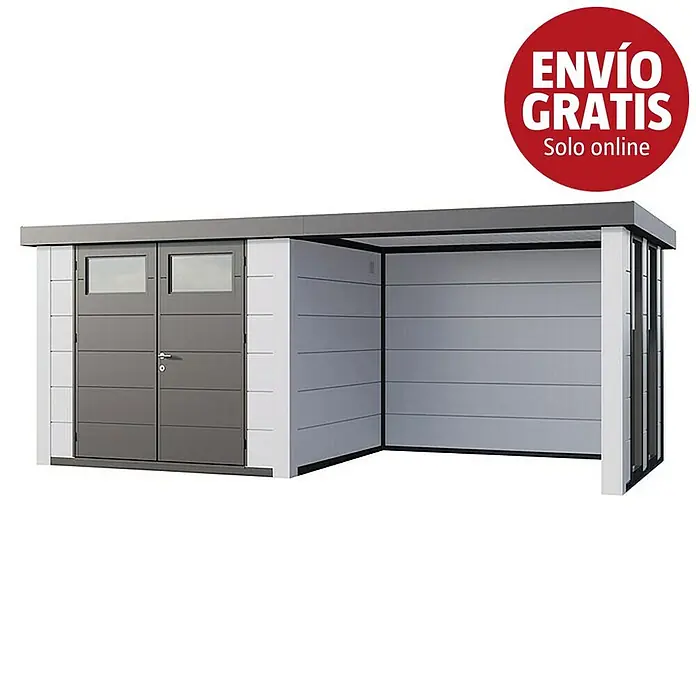 Telluria Caseta para jardín Classico 2724 con salón a la derecha y 2 ventanas - Medidas ext. (An x Pr): 572 x 258 cm, Acero, Blanco, Sin set - Caseta de jardín moderna de metal gris y blanco con cochera abierta integrada para almacenamiento y resguardo.