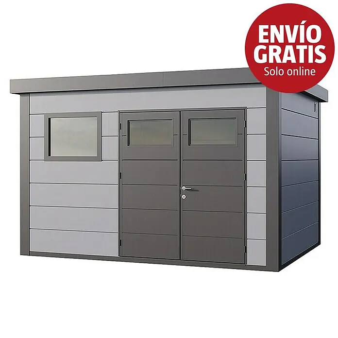Telluria Caseta para jardín Classico 3930+ - Medidas ext. (An x Pr): 408 x 318 cm, Acero, Gris claro/Antracita, Sin set - Caseta de jardín gris moderna con una ventana y puertas dobles.