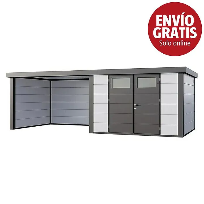 Telluria Caseta para jardín Classico 3030 con salón a la izquierda - Medidas ext. (An x Pr): 662 x 318 cm, Acero, Blanco/Antracita, Sin set - Carport moderno gris y blanco con caseta de almacenamiento adjunta, con puertas dobles y ventanas.