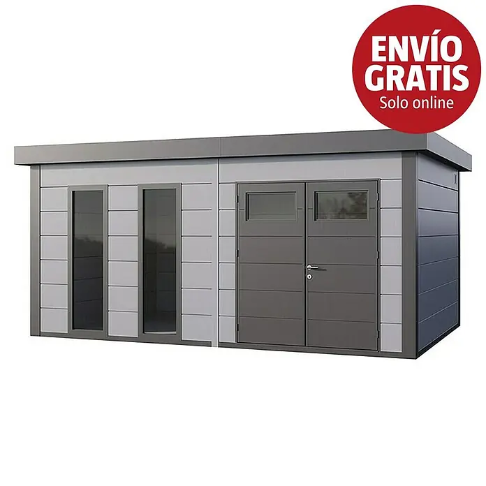 Telluria Caseta para jardín Classico 5436+ - Medidas ext. (An x Pr): 568 x 388 cm, Acero, Gris claro/Antracita, Sin set - Cobertizo de jardín modular moderno gris y gris claro con puertas dobles, dos paneles de ventana altos y una insignia roja 'ENVÍO GRATIS Solo online'.