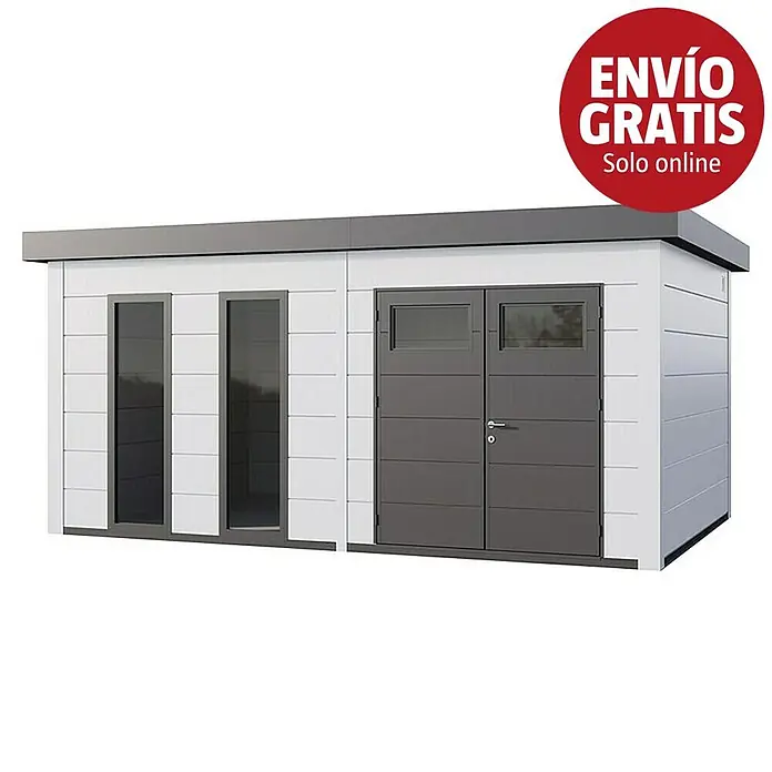 Telluria Caseta para jardín Classico 5436+ - Medidas ext. (An x Pr): 568 x 388 cm, Acero, Blanco, Sin set - Caseta de jardín moderna blanca y gris oscuro con techo plano, dos ventanas altas y puertas dobles.