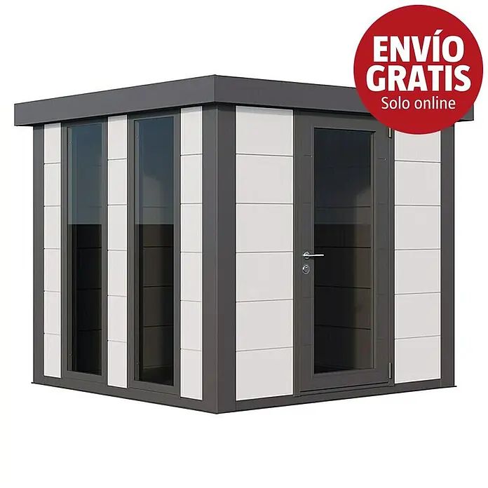 Telluria Caseta de jardín Luminato 2424 - Medidas ext. (An x Pr): 258 x 258 cm, Acero, Blanco/Antracita, Sin set - Caseta de jardín moderna con marco gris oscuro, paneles blancos, ventanas y puerta de cristal.
