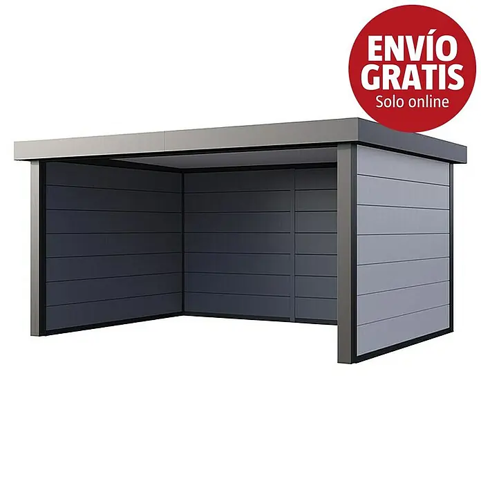 Telluria Pérgola estándar Singolo 4836 - Medidas ext. (An x Pr): 508 x 388 cm, Acero, Blanco/Antracita, Sin set - Cochera metálica moderna gris y gris oscuro con techo plano, frontal abierto.