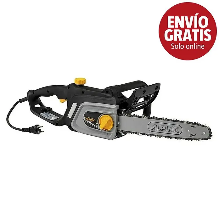 Alpina Motosierra eléctrica ACS 181 E - 1.800 W, Longitud de la cuchilla: 35 cm - Motosierra eléctrica negra y gris con detalles amarillos y cable de alimentación.