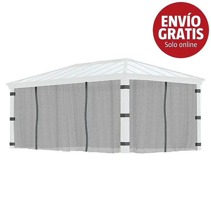 Palram – Canopia Cortina mosquitera para cenador Dallas - An x Al: 600 x 360 cm, Gris - Cenador blanco con techo a dos aguas y paredes laterales de malla gris.