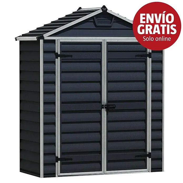 Palram – Canopia Caseta de jardín Skylight - Medidas ext. (An x Pr): 185 x 90 cm, Plástico, Antracita - Cobertizo de plástico gris oscuro con paneles horizontales texturizados, marco plateado y puertas dobles con cerradura.