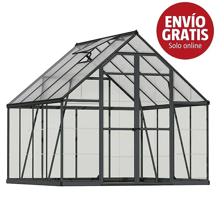 Palram – Canopia Invernadero Balance - Medidas ext. (An x Pr): 244 x 247 cm, 0,7 mm, Gris - Invernadero gris oscuro con paneles transparentes y una ventana de techo abierta.