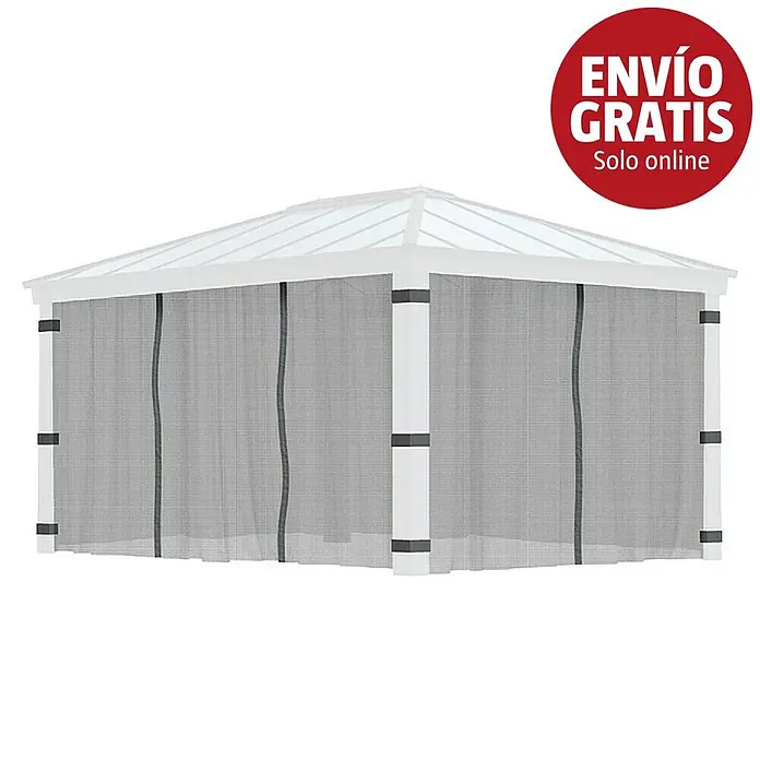 Palram – Canopia Cortina mosquitera para cenador Dallas - An x Al: 500 x 360 cm, Gris - Cenador de jardín blanco con techo traslúcido y paneles laterales de malla gris para protección contra insectos.