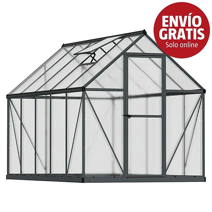 Palram – Canopia Invernadero Mythos - Medidas ext. (An x Pr): 185 x 306 cm, 4 mm, Gris - Invernadero con estructura gris oscuro y paneles transparentes, techo inclinado y ventana de ventilación abierta.