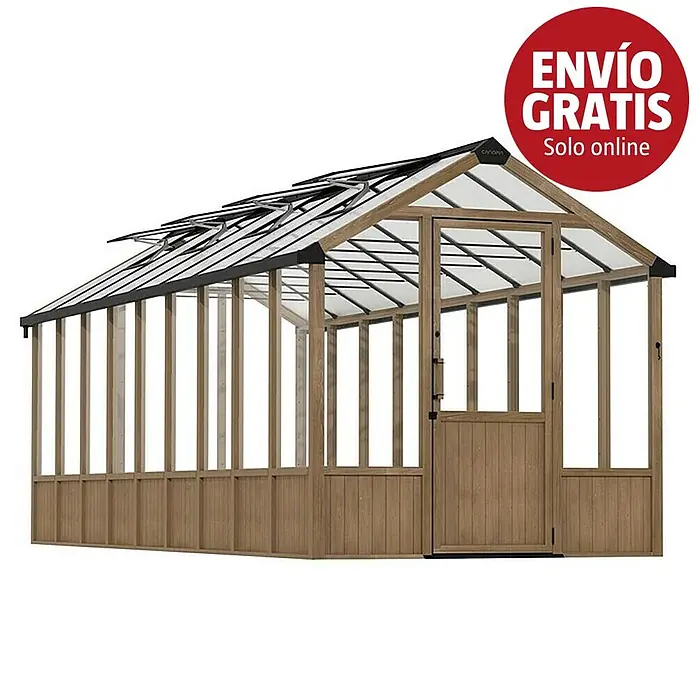 Palram – Canopia Invernadero Natura - Medidas ext. (An x Pr): 249 x 637 cm, Plástico, 4 mm, Natural - Invernadero de madera con techo y paneles transparentes, con puerta frontal y rejillas de ventilación en el tejado.