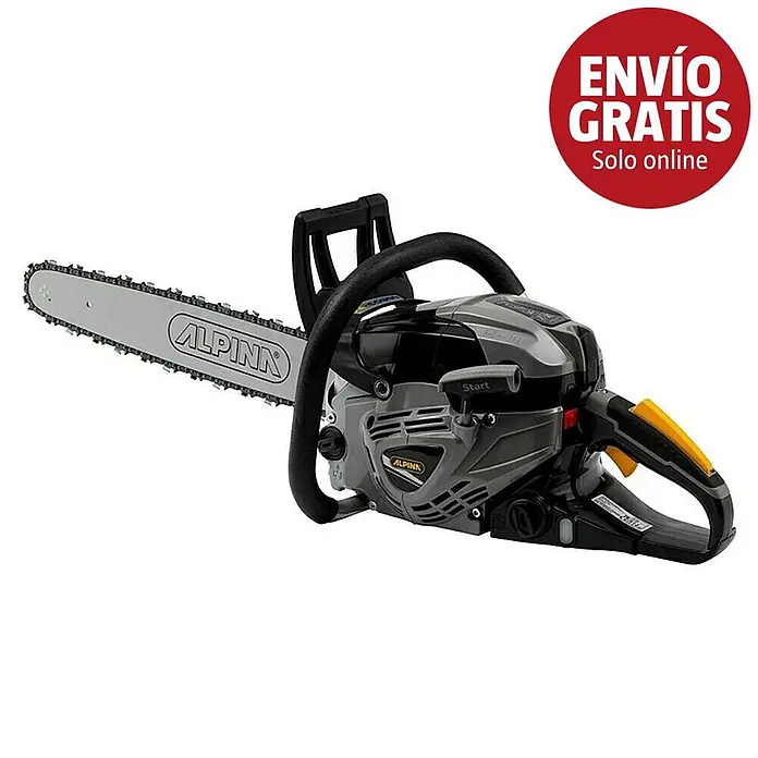 Alpina Motosierra de gasolina ACS 552 - 2,3 kW, 52 cm³, Longitud de la cuchilla: 50 cm - Motosierra Alpinn gris y negra con barra larga plateada y gatillo de seguridad amarillo para cortar madera.