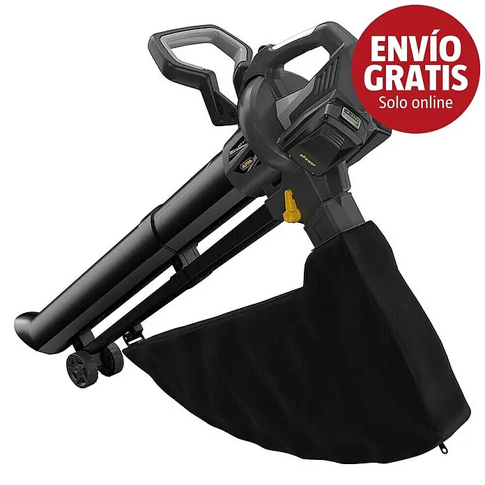 Alpina Soplador de hojas de batería AV20 - 20 V, 2 baterías, 4 Ah, Velocidad de soplado: 55 m/s, Potencia de soplado: 9,6 m³/min - Soplador/aspirador de hojas negro con gran bolsa de recogida y ruedas en la boquilla.
