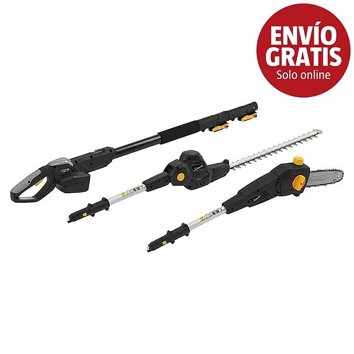 Alpina Multiherramienta de batería AM20 - 20 V, 1 batería, 4 Ah - Sierra de pértiga y cortasetos a batería negros y amarillos con mango largo extensible para jardinería.