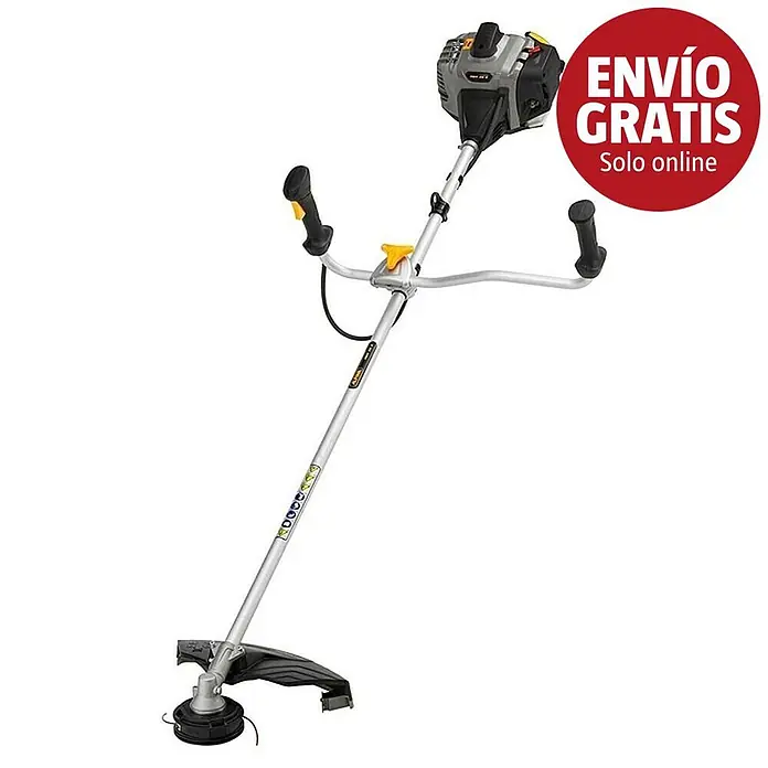 Alpina Desbrozadora de gasolina ABR35D - 1,2 kW, 35,3 cm³, Ancho de corte hilo: 43 cm, Ancho de corte cuchilla: 25,5 cm - Desbrozadora de gasolina con eje plateado, motor negro y amarillo, y manillar de bicicleta, para trabajos de jardinería.
