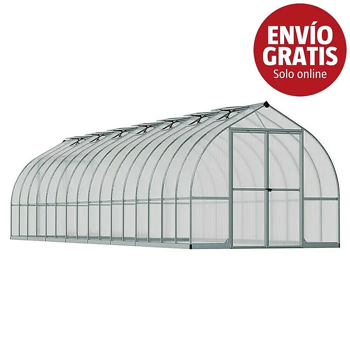 Palram – Canopia Invernadero Bella - Medidas ext. (An x Pr): 244 x 963 cm, 6 mm, Plateado - Invernadero largo de túnel con estructura metálica, paneles transparentes, doble puerta y ventilaciones en el techo.