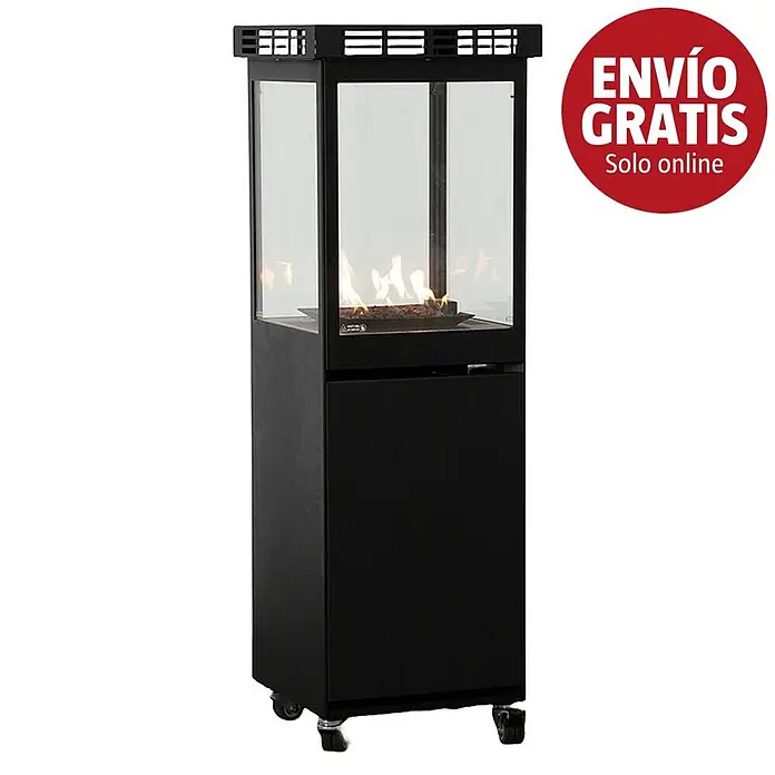 Nora Flames Estufa de exterior de gas Mavros - 8 kW, Altura: 128,5 cm, Negro - Estufa de gas exterior móvil negra con cerramiento de vidrio que muestra llamas vivas.