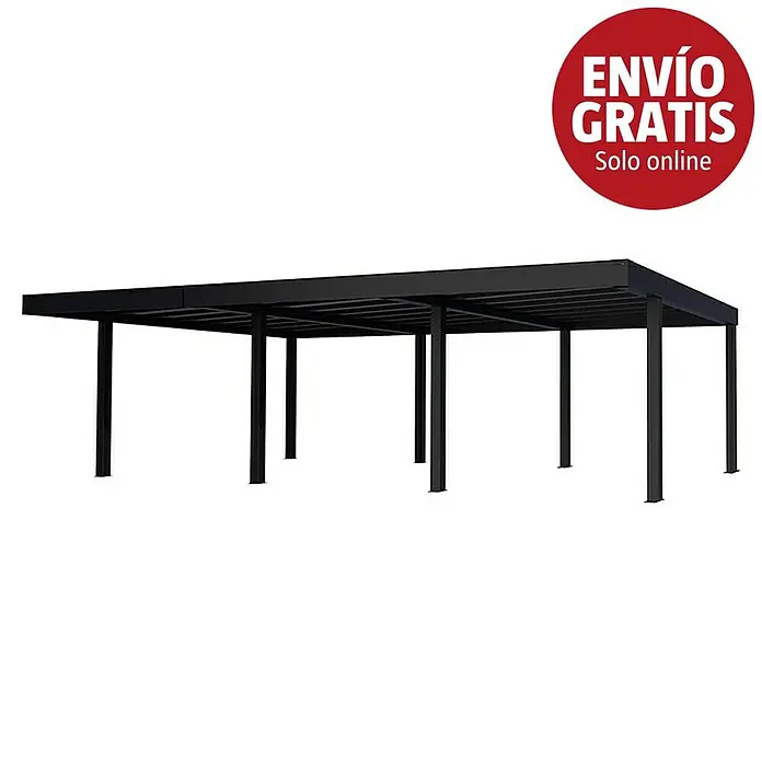Palram – Canopia Carport Oslo - Medidas ext. (An x Pr): 5,96 x 9,01 m, Negro - Estructura de carport de metal negro con techo plano sostenido por varios postes.