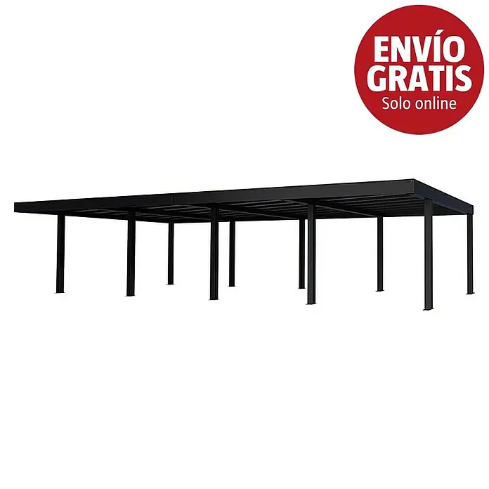 Palram – Canopia Carport Oslo - Medidas ext. (An x Pr): 5,96 x 12 m, Negro - Carport de metal negro con techo plano y múltiples pilares de soporte, para varios vehículos.