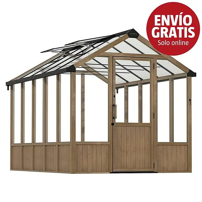 Palram – Canopia Invernadero Natura - Medidas ext. (An x Pr): 249 x 356 cm, Plástico, 4 mm, Natural - Invernadero Canopia con estructura de aspecto madera, paneles transparentes, puerta batiente y ventilación de techo.