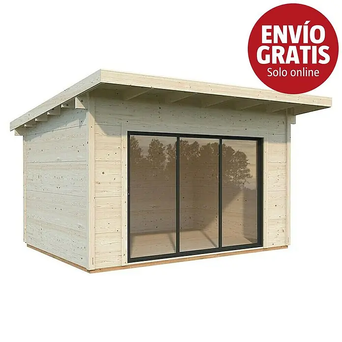 Palmako Caseta de jardín Grace - Medidas ext. (An x Pr): 443 x 393 cm, Madera, Natural - Caseta de jardín de madera clara con techo plano y tres grandes puertas corredizas de cristal con marco negro.