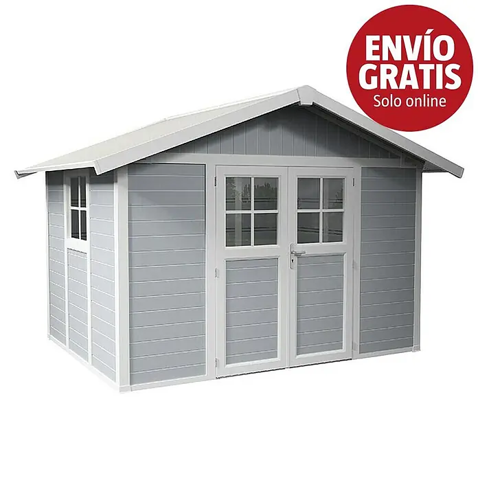 Grosfillex Caseta para jardín Deco - Medidas ext. (An x Pr): 370 x 298 cm, Plástico, Gris claro, 7,5 m² - Caseta de jardín gris con molduras blancas, techo a dos aguas, ventana lateral y puerta doble con ventanas.